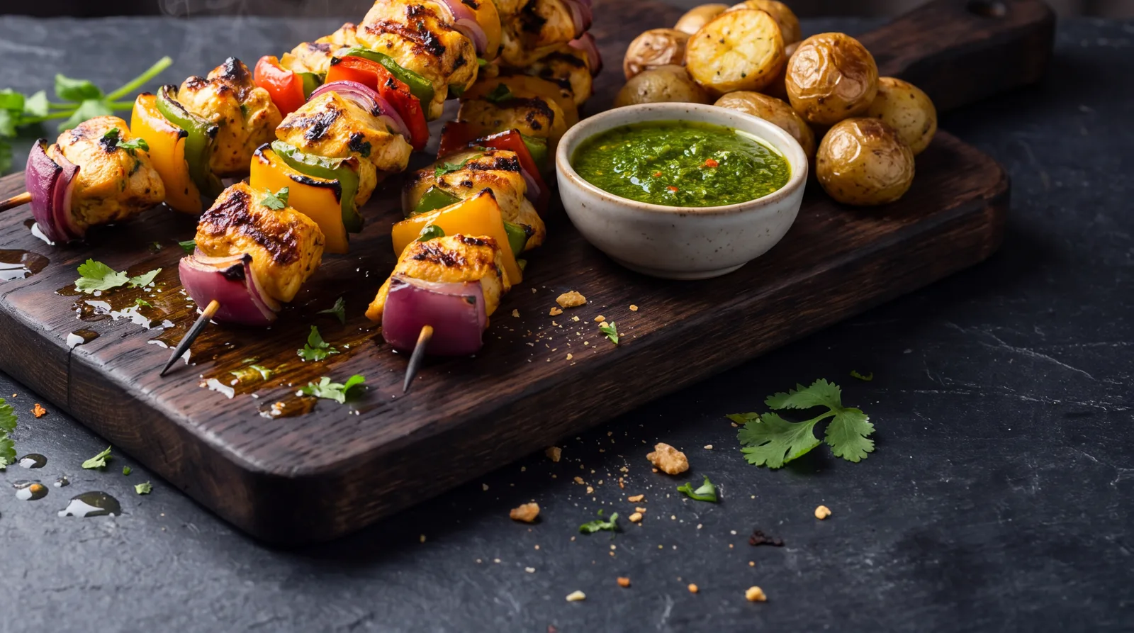 Pinchos de pollo a la parrilla con papas a la francesa